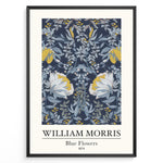 Load image into Gallery viewer, Framed William Morris Blue Flowers 1874 art print plakat with detailed blue, white, and yellow floral design on a dark background.
