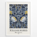 Load image into Gallery viewer, Framed William Morris Blue Flowers 1874 art print plakat with detailed blue, white, and yellow floral design on a dark background.
