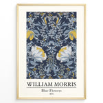 Load image into Gallery viewer, Framed William Morris Blue Flowers 1874 art print plakat with detailed blue, white, and yellow floral design on a dark background.
