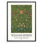 Load image into Gallery viewer, Framed William Morris Violet and Columbine 1876 art print plakat with detailed green foliage and red, pink, and blue floral patterns.

