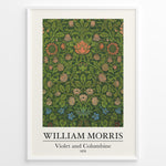 Load image into Gallery viewer, Framed William Morris Violet and Columbine 1876 art print plakat with detailed green foliage and red, pink, and blue floral patterns.
