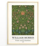 Load image into Gallery viewer, Framed William Morris Violet and Columbine 1876 art print plakat with detailed green foliage and red, pink, and blue floral patterns.
