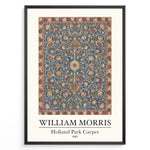 Load image into Gallery viewer, Framed William Morris Holland Park Carpet 1883 art print plakat with detailed blue, red, and gold floral carpet design.
