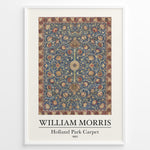 Load image into Gallery viewer, Framed William Morris Holland Park Carpet 1883 art print plakat with detailed blue, red, and gold floral carpet design.
