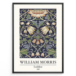 Load image into Gallery viewer, Framed William Morris Lodden 1889 art print plakat with ornate floral motifs in navy blue, gold, and green tones.
