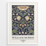 Load image into Gallery viewer, Framed William Morris Lodden 1889 art print plakat with ornate floral motifs in navy blue, gold, and green tones.
