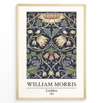 Load image into Gallery viewer, Framed William Morris Lodden 1889 art print plakat with ornate floral motifs in navy blue, gold, and green tones.
