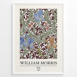Load image into Gallery viewer, Framed William Morris Iris 1887 art print plakat featuring blue and amber iris flowers with green leaves on a rich maroon background.
