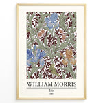 Load image into Gallery viewer, Framed William Morris Iris 1887 art print plakat featuring blue and amber iris flowers with green leaves on a rich maroon background.
