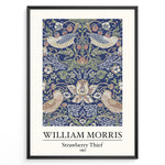 Load image into Gallery viewer, Framed William Morris Strawberry Thief 1883 art print plakat showing birds and strawberries with ornate floral patterns on a navy background.
