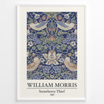 Load image into Gallery viewer, Framed William Morris Strawberry Thief 1883 art print plakat showing birds and strawberries with ornate floral patterns on a navy background.
