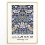 Load image into Gallery viewer, Framed William Morris Strawberry Thief 1883 art print plakat showing birds and strawberries with ornate floral patterns on a navy background.
