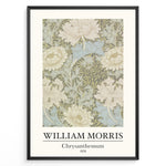 Load image into Gallery viewer, Framed William Morris Chrysanthemum 1876 art print plakat featuring beige and blue chrysanthemum flowers in a vintage botanical pattern.
