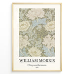 Load image into Gallery viewer, Framed William Morris Chrysanthemum 1876 art print plakat featuring beige and blue chrysanthemum flowers in a vintage botanical pattern.
