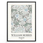 Load image into Gallery viewer, Framed William Morris Seaweed 1866 art print plakat featuring intricate seaweed-inspired floral and leaf motifs in blue and green on a cream background.
