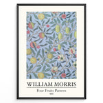 Load image into Gallery viewer, Framed William Morris Four Fruits Pattern 1862 art print plakat with yellow and red fruits and green leaves on a light blue background.
