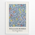 Load image into Gallery viewer, Framed William Morris Four Fruits Pattern 1862 art print plakat with yellow and red fruits and green leaves on a light blue background.
