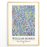 Load image into Gallery viewer, Framed William Morris Four Fruits Pattern 1862 art print plakat with yellow and red fruits and green leaves on a light blue background.
