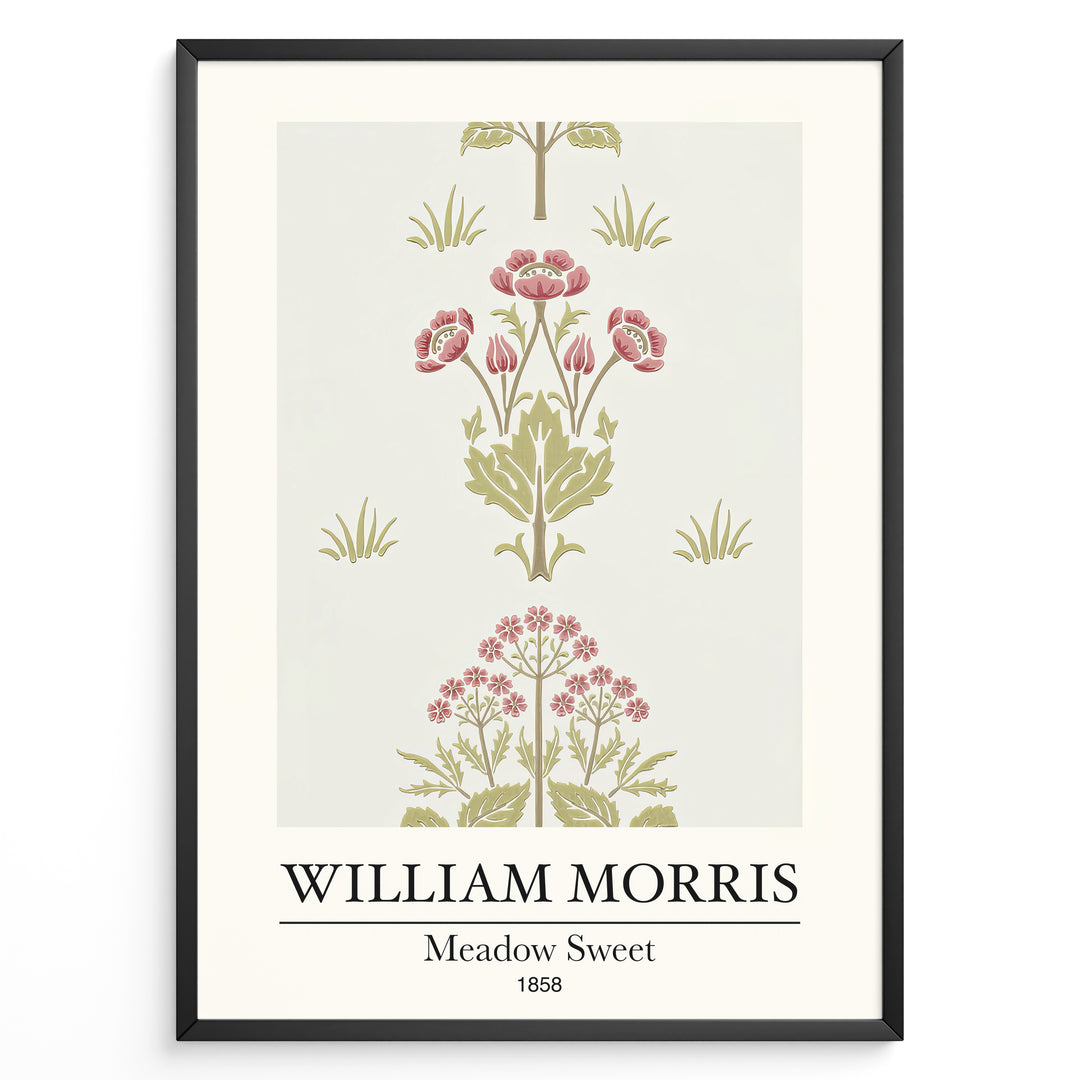William Morris Meadow Sweet 1858 floral art print plakat featuring pink and green botanical pattern with flowers and leaves in a black frame.