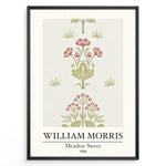 Load image into Gallery viewer, William Morris Meadow Sweet 1858 floral art print plakat featuring pink and green botanical pattern with flowers and leaves in a black frame.
