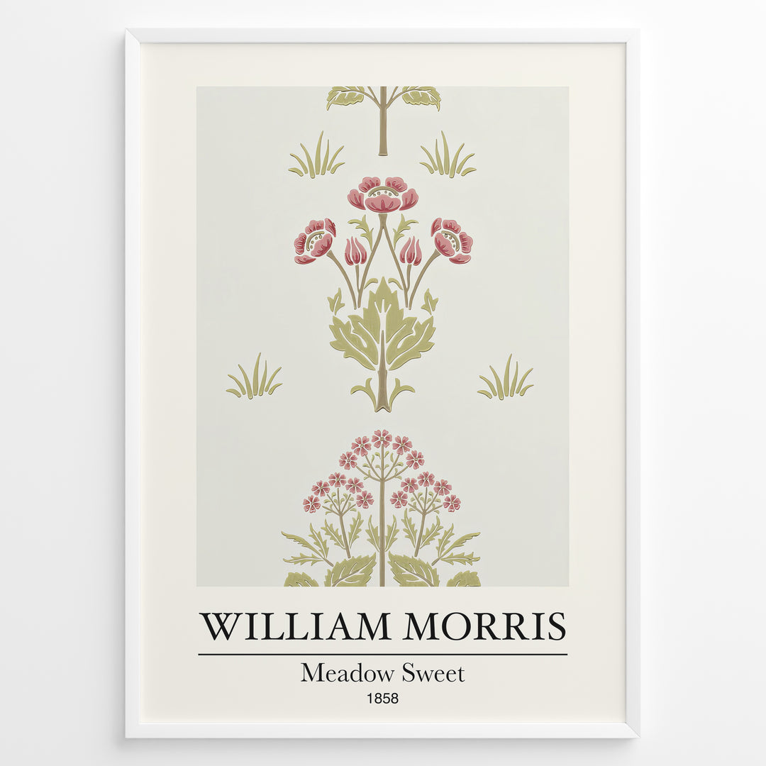 William Morris Meadow Sweet 1858 floral art print plakat featuring pink and green botanical pattern with flowers and leaves in a black frame.