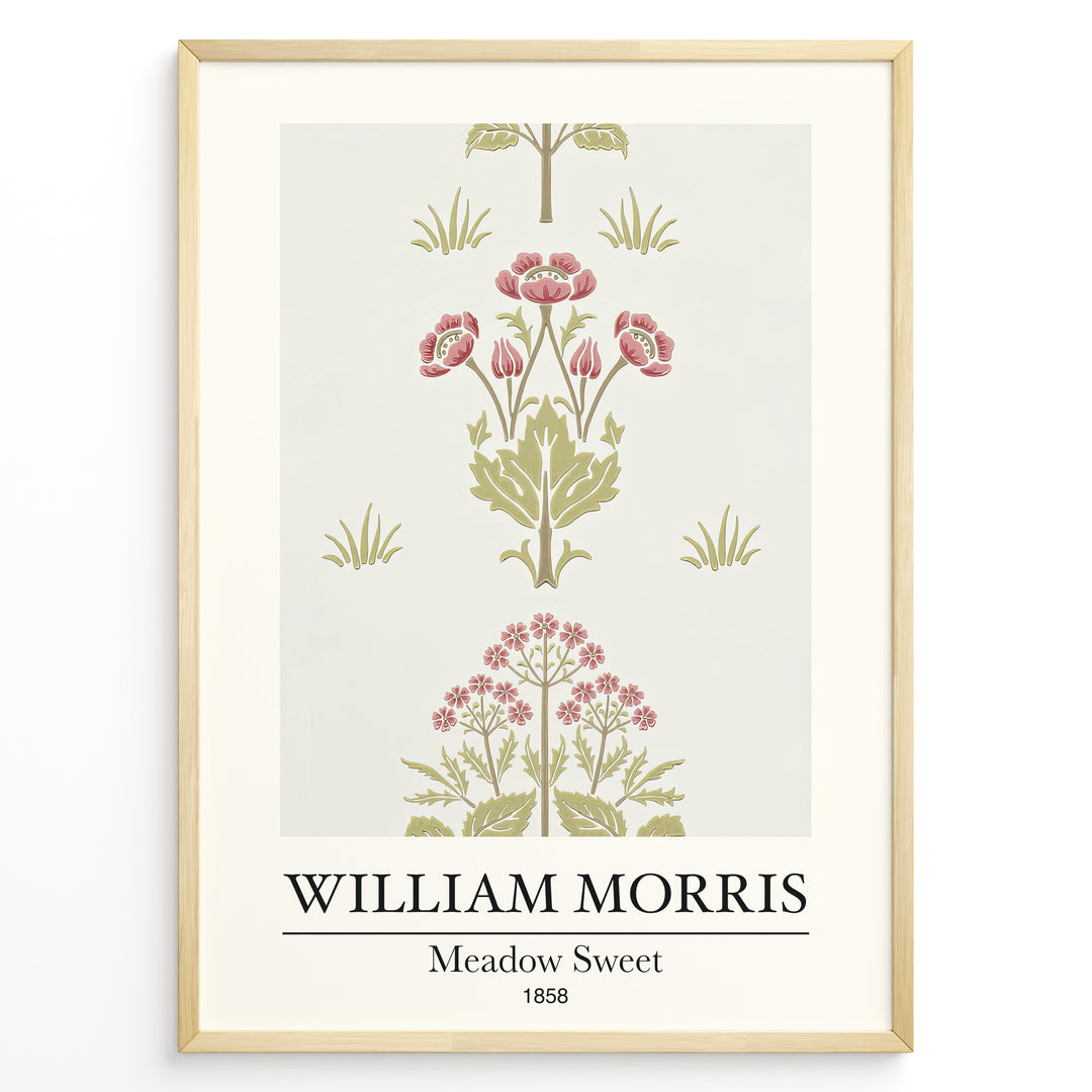 William Morris Meadow Sweet 1858 floral art print plakat featuring pink and green botanical pattern with flowers and leaves in a black frame.