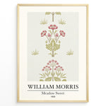 Load image into Gallery viewer, William Morris Meadow Sweet 1858 floral art print plakat featuring pink and green botanical pattern with flowers and leaves in a black frame.
