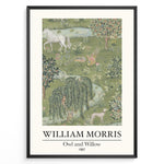Load image into Gallery viewer, William Morris Owl and Willow 1887 art print plakat featuring a detailed green landscape with owl, willow tree, horse, birds, and flowers in a black frame.
