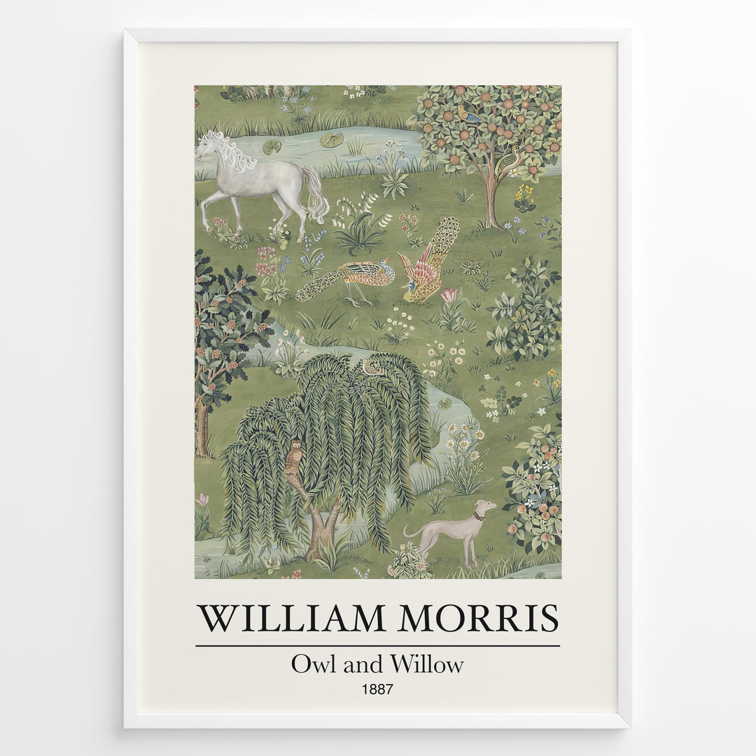 William Morris Owl and Willow 1887 art print plakat featuring a detailed green landscape with owl, willow tree, horse, birds, and flowers in a black frame.