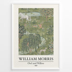 Load image into Gallery viewer, William Morris Owl and Willow 1887 art print plakat featuring a detailed green landscape with owl, willow tree, horse, birds, and flowers in a black frame.
