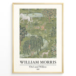 Load image into Gallery viewer, William Morris Owl and Willow 1887 art print plakat featuring a detailed green landscape with owl, willow tree, horse, birds, and flowers in a black frame.
