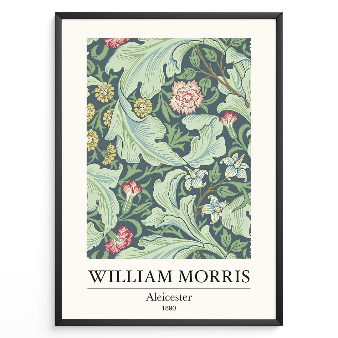 William Morris Aleicester 1890 vintage floral art print plakat with green leaves and red flowers in black frame.