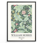 Load image into Gallery viewer, William Morris Aleicester 1890 vintage floral art print plakat with green leaves and red flowers in black frame.
