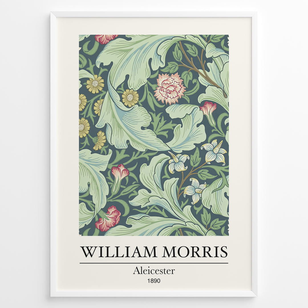 William Morris Aleicester 1890 vintage floral art print plakat with green leaves and red flowers in black frame.