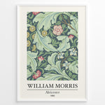 Load image into Gallery viewer, William Morris Aleicester 1890 vintage floral art print plakat with green leaves and red flowers in black frame.
