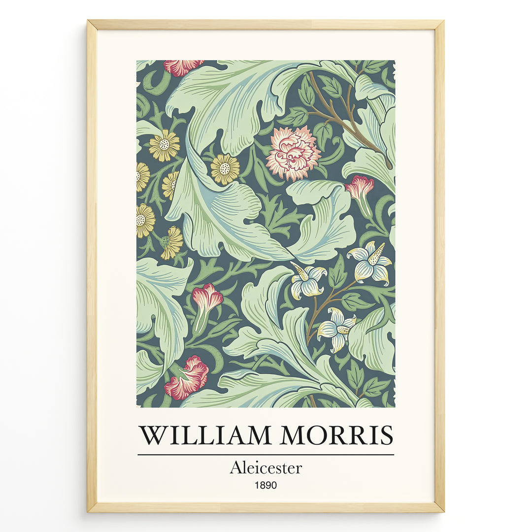William Morris Aleicester 1890 vintage floral art print plakat with green leaves and red flowers in black frame.