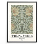 Load image into Gallery viewer, William Morris Pimpernel 1876 vintage floral art print plakat with green leaves and orange flowers in black frame.
