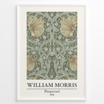 Load image into Gallery viewer, William Morris Pimpernel 1876 vintage floral art print plakat with green leaves and orange flowers in black frame.
