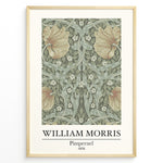Load image into Gallery viewer, William Morris Pimpernel 1876 vintage floral art print plakat with green leaves and orange flowers in black frame.
