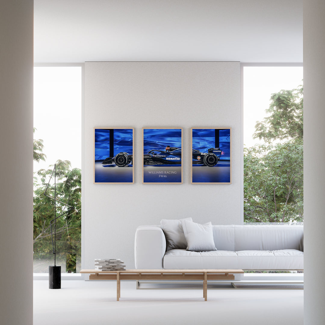 Triptych wall art plakat of the Williams Racing FW46 Formula 1 car with a bold blue background, displayed in a contemporary living room with black leather furniture.