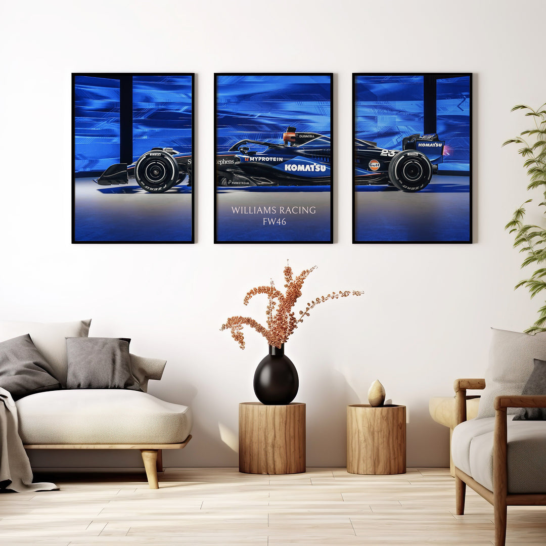 Triptych wall art plakat of the Williams Racing FW46 Formula 1 car with a bold blue background, displayed in a contemporary living room with black leather furniture.