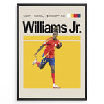 Load image into Gallery viewer, Nico Williams Jr. fodbold plakat | Spanien landsholdstrøje i rød og blå med jubelscene og stolthed – et must-have til enhver fodboldfan
