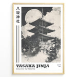 Load image into Gallery viewer, Japanske plakater | Black and white illustration of Yasaka Jinja’s five-story pagoda in Kyoto, Japan, with a full moon in the background and clouds surrounding the temple.
