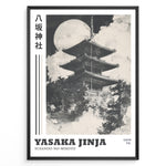Load image into Gallery viewer, Japanske plakater | Black and white illustration of Yasaka Jinja’s five-story pagoda in Kyoto, Japan, with a full moon in the background and clouds surrounding the temple.
