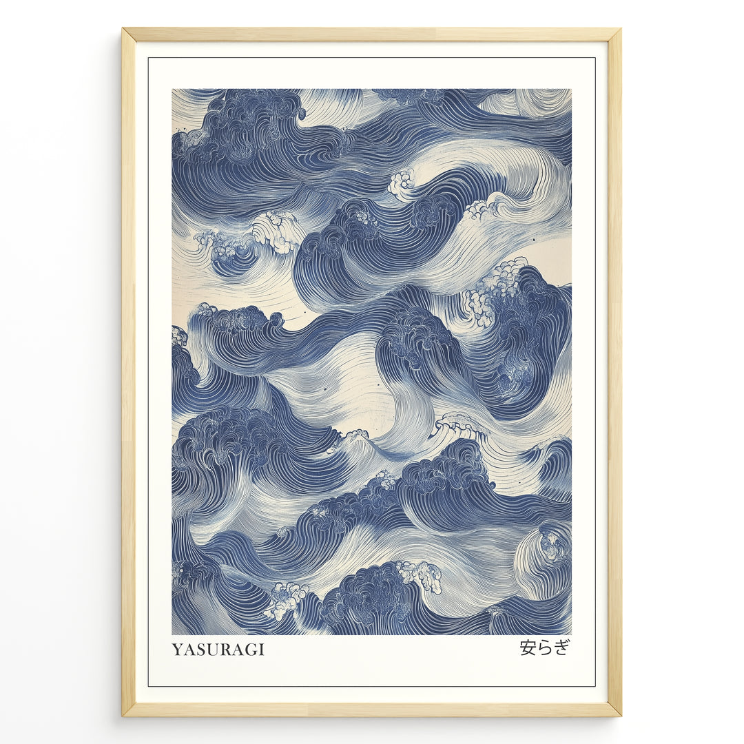 Japanske plakater | Framed wall art depicting flowing blue Japanese-style ocean waves, titled "Yasuragi" with kanji characters representing peace and tranquility.
