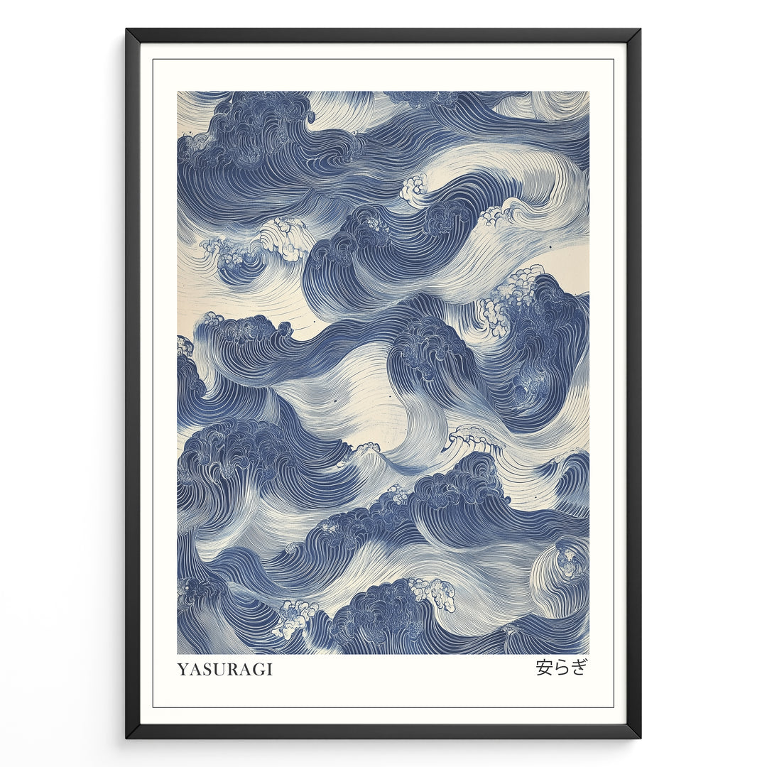 Japanske plakater | Framed wall art depicting flowing blue Japanese-style ocean waves, titled "Yasuragi" with kanji characters representing peace and tranquility.