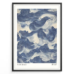 Load image into Gallery viewer, Japanske plakater | Framed wall art depicting flowing blue Japanese-style ocean waves, titled &quot;Yasuragi&quot; with kanji characters representing peace and tranquility.
