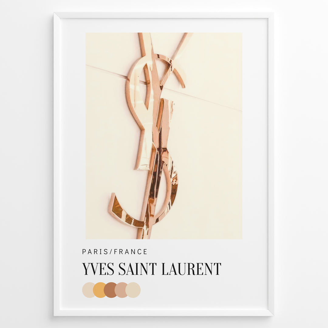 Fashion Plakat | Yves Saint Laurent Paris – Rose Gold Emblem Poster Plakaty.dk | Rose gold Yves Saint Laurent logo on a soft beige background with a neutral color palette and Paris/France label beneath.