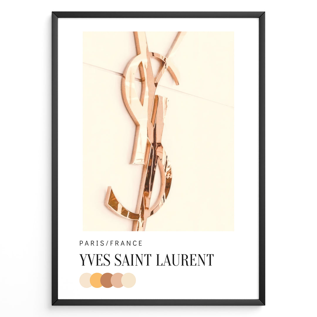 Fashion Plakat | Yves Saint Laurent Paris – Rose Gold Emblem Poster Plakaty.dk | Rose gold Yves Saint Laurent logo on a soft beige background with a neutral color palette and Paris/France label beneath.