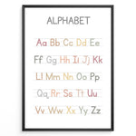 Load image into Gallery viewer, Pastel-colored alphabet poster showing uppercase and lowercase letters arranged on handwriting lines, framed as educational kids’ wall art.

